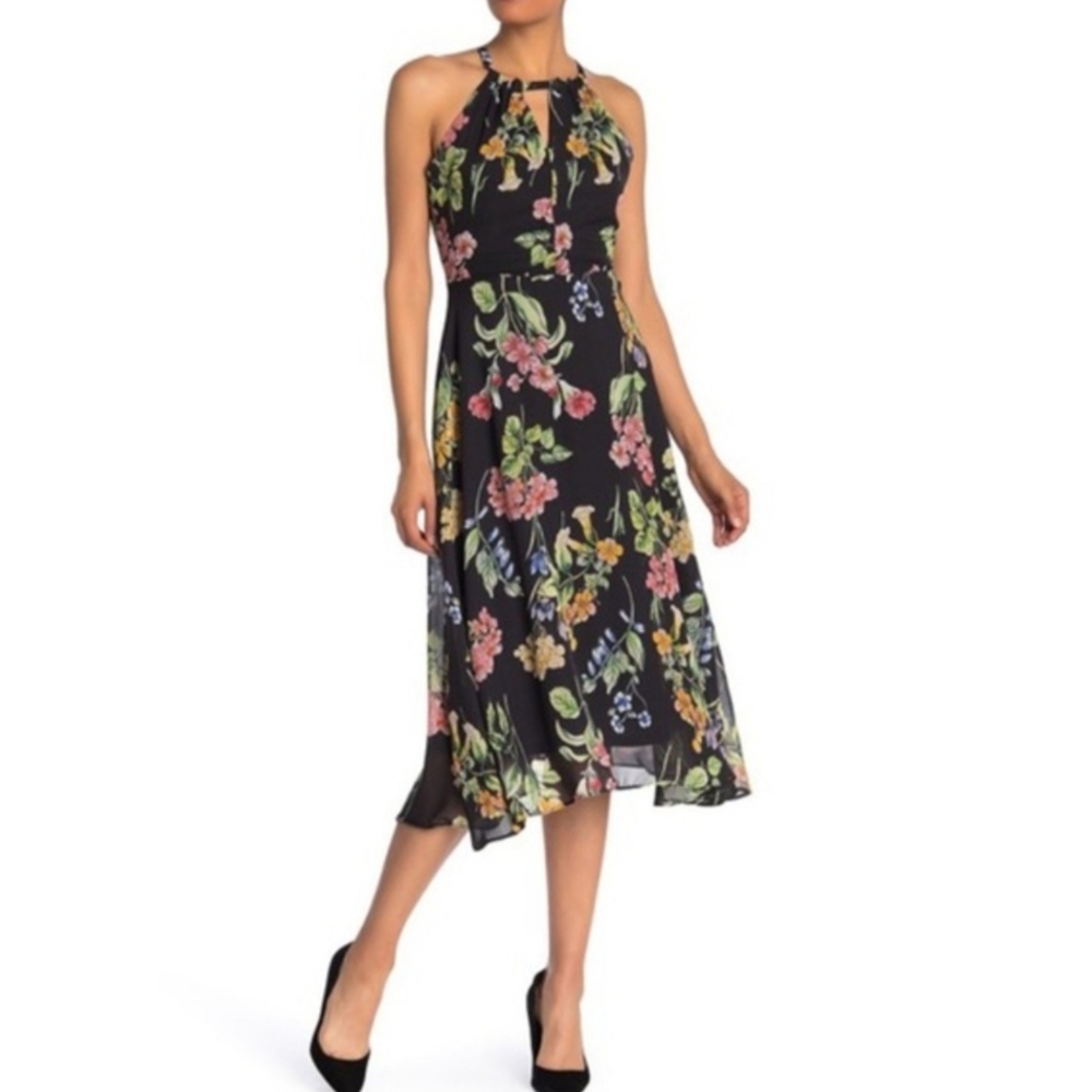 Nicole Miller A-line Chiffon Sheer Floral Halter Keyhole Zip Midi Dress